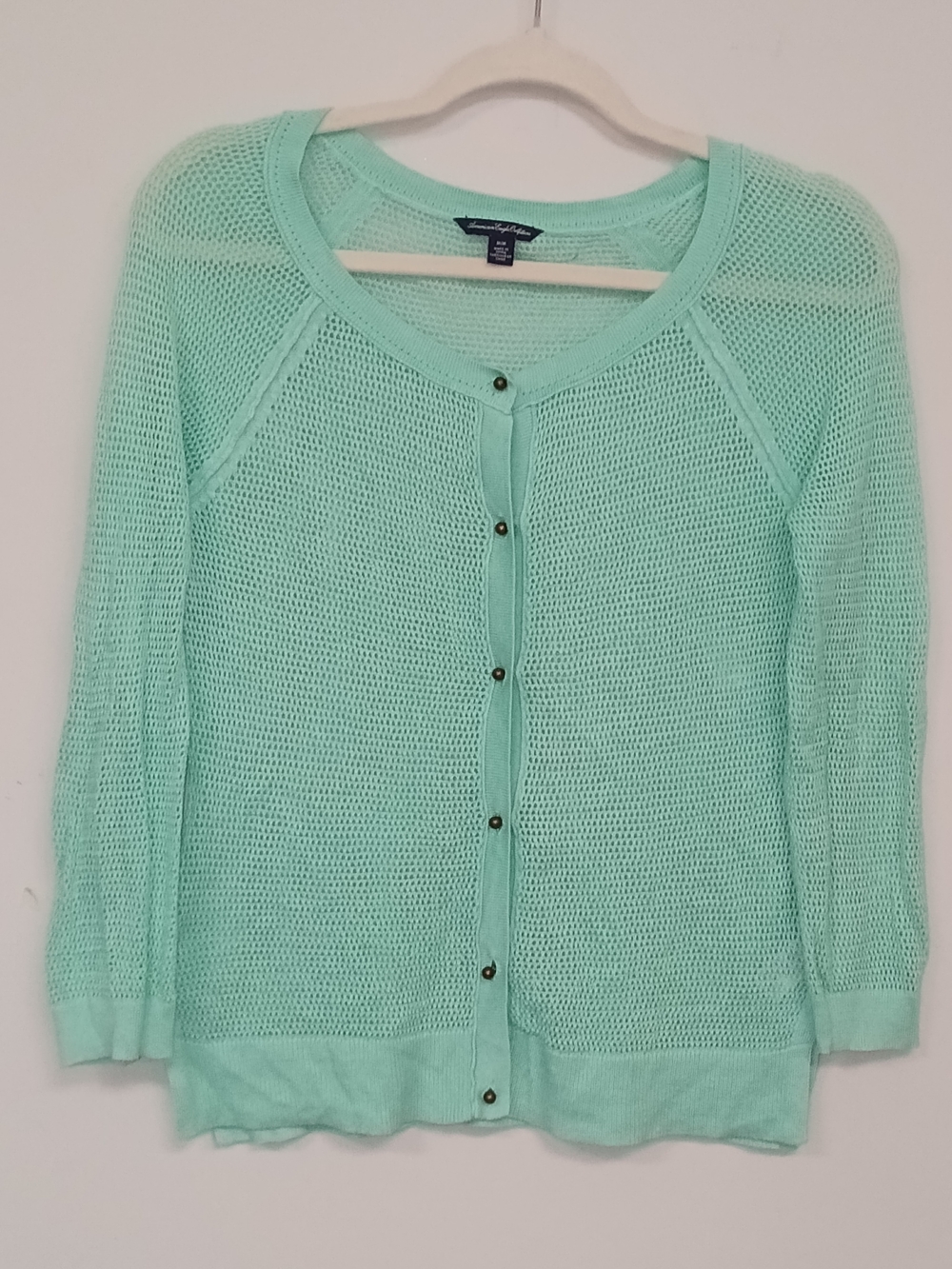 American Eagle Mint Green Open-Knit Semi Sheer Button Cardigan Boho Beachy M